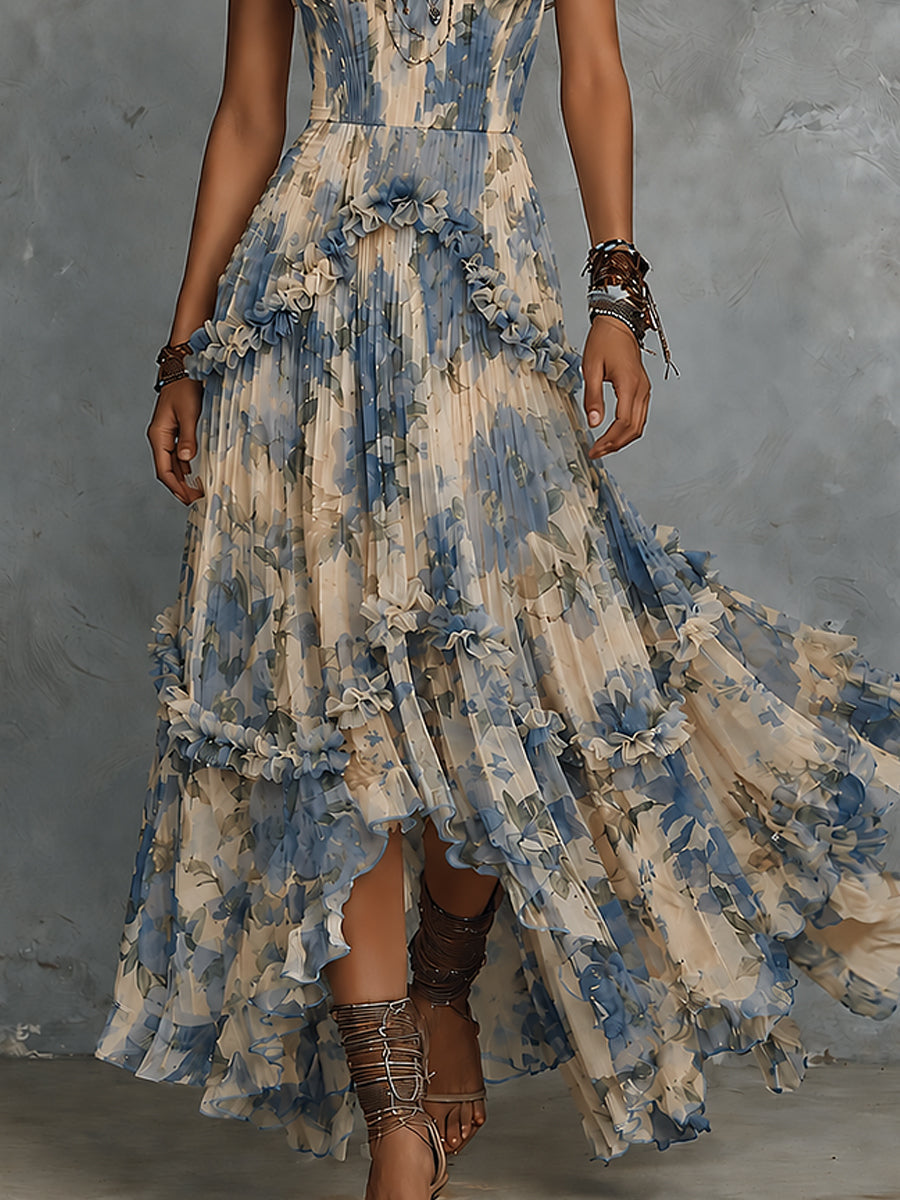 Vestido Maxi Floral Azul Sin Esfuerzo para Mujeres con Estilo Bohemio de Volantes en Capas y Sin Tirantes