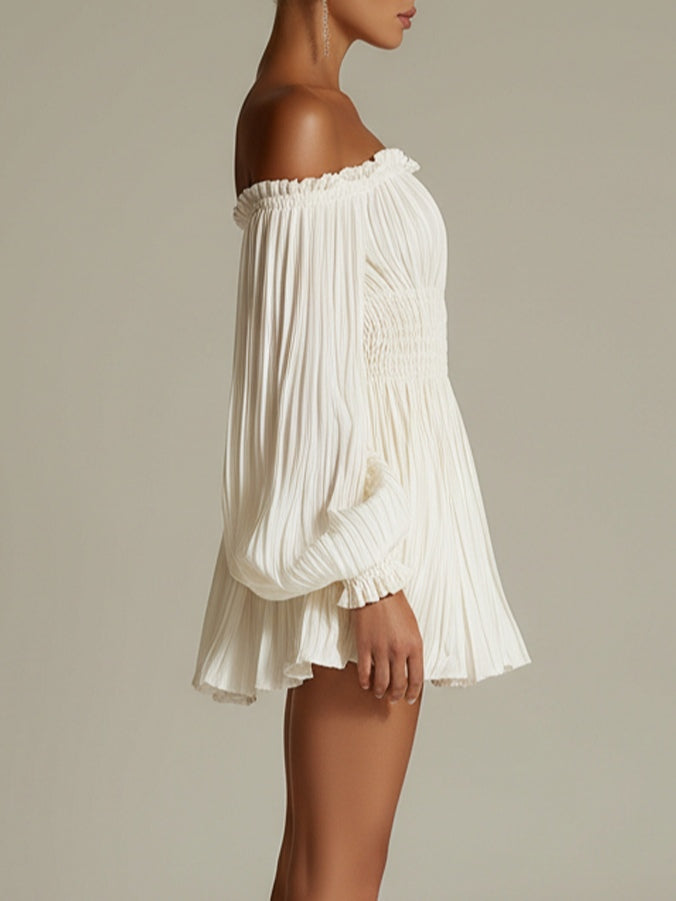 Elegante Vestido Mini Plisado Blanco para Mujeres con Manga Globo Off Shoulder y Cintura Fruncida Estilo Fluido