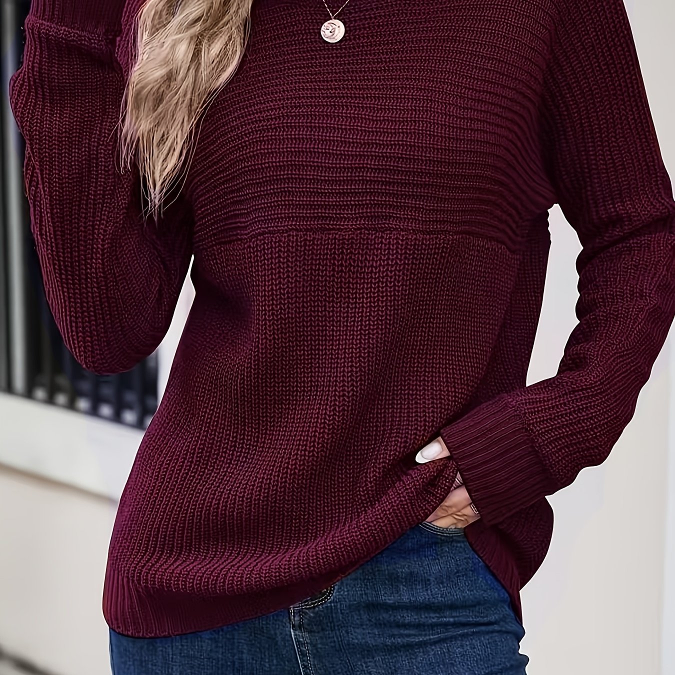 Suéter de Punto Acanalado Cómodo para Mujeres con Cuello Redondo y Manga Larga, Estilo Relajado y Sobredimensionado