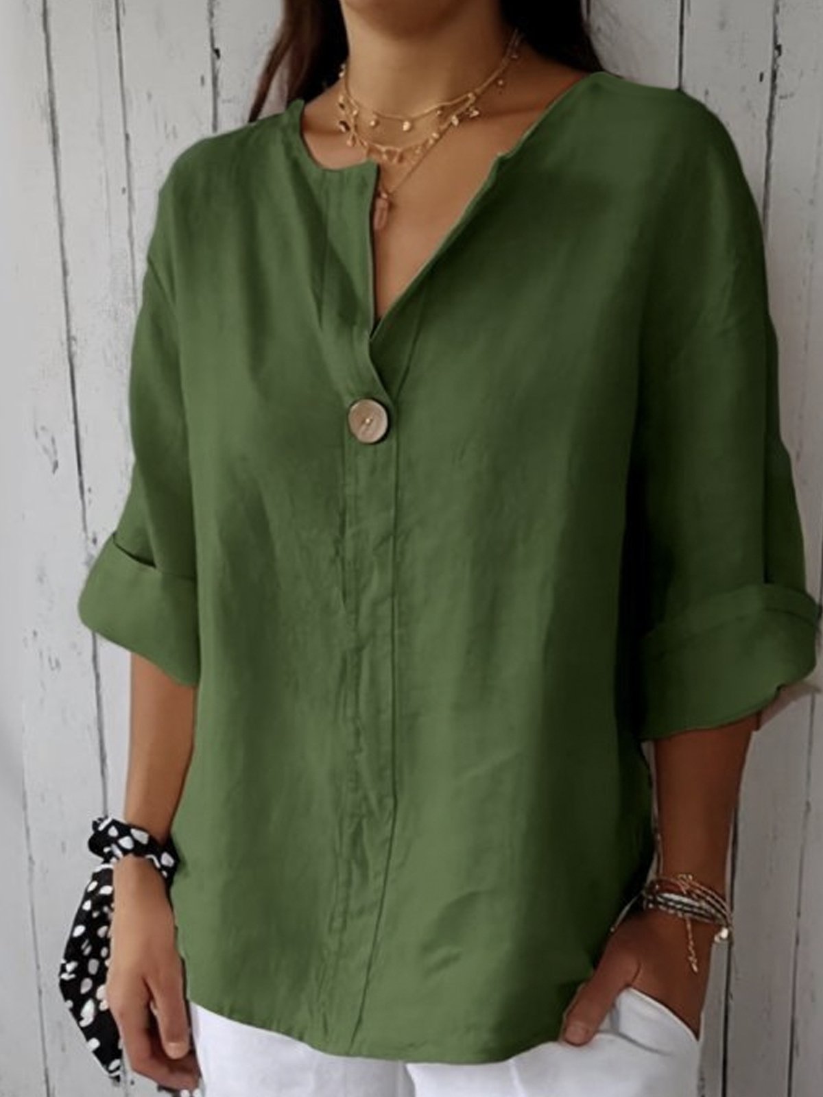 Blusa de Lino Sin Esfuerzo para Mujeres con Cuello en V y Manga de Codo, Estilo Relajado