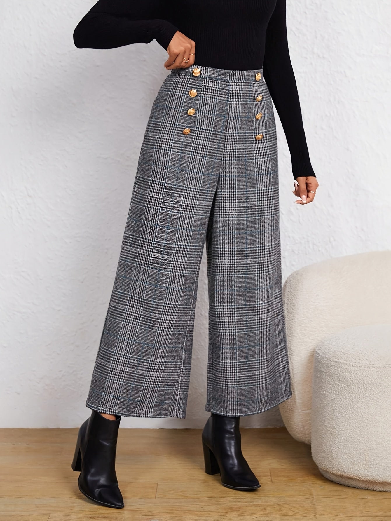 Pantalones Anchos de Cuadros Grises Elegantes para Mujeres con Cintura Alta y Estilo Ajustado