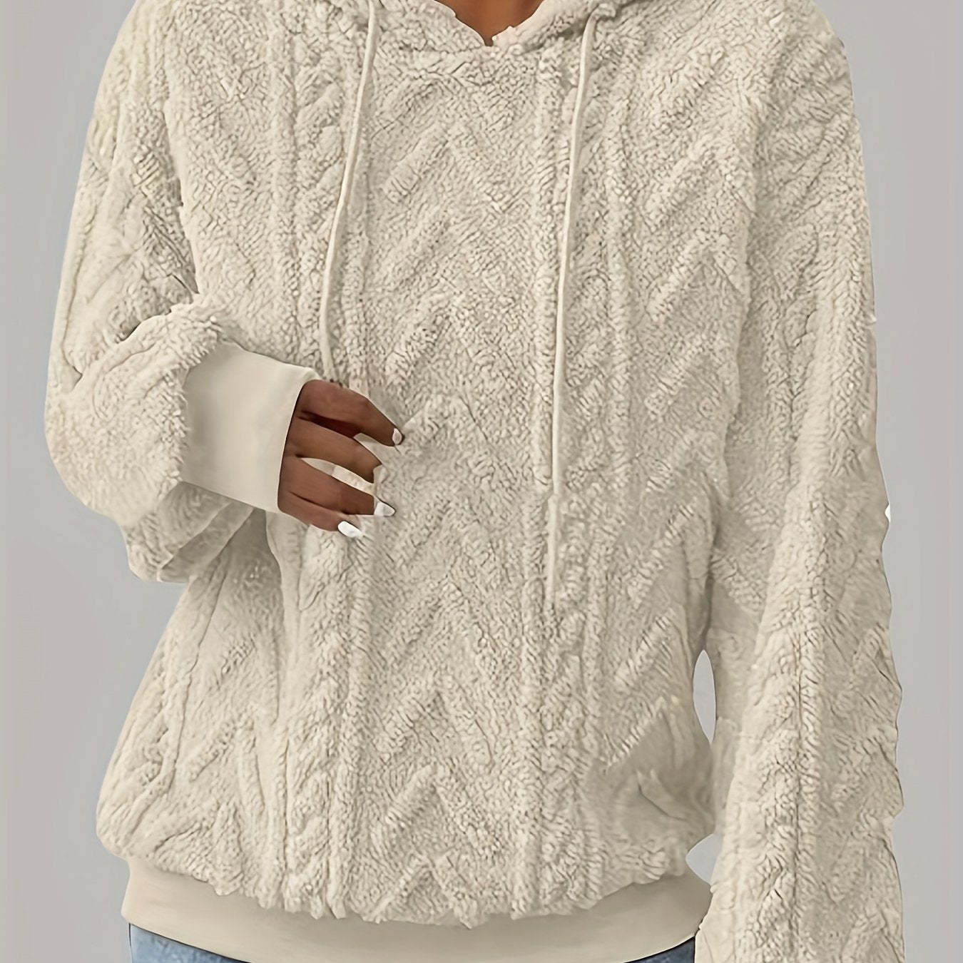 Sudadera de Forro Polar de Punto Trenzado Cómoda para Mujeres con Capucha Ajustable, Manga Larga, Estilo Oversized y Acogedor