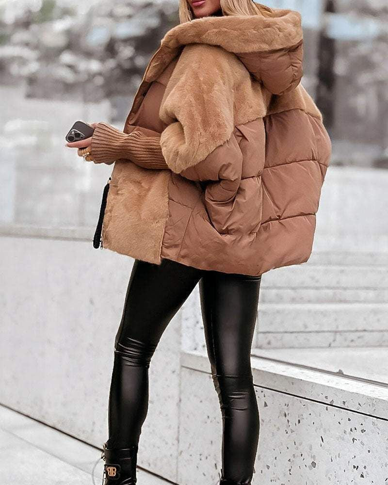 Chaqueta Puffer de Piel Sintética Cómoda para Mujeres con Capucha y Mangas Largas de Puño Acanalado Estilo Oversized