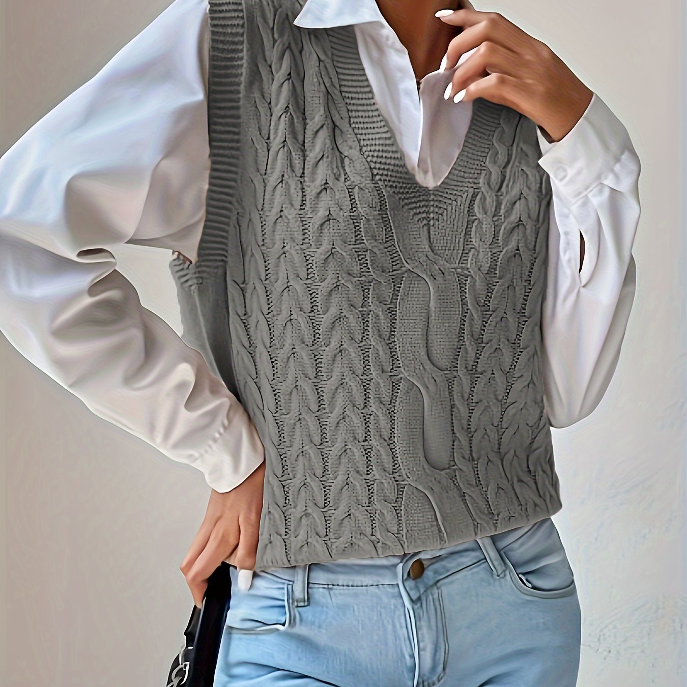 Chaleco de Punto Trenzado Cómodo para Mujeres con Escote en V, Sin Mangas, Estilo Relajado y Oversized