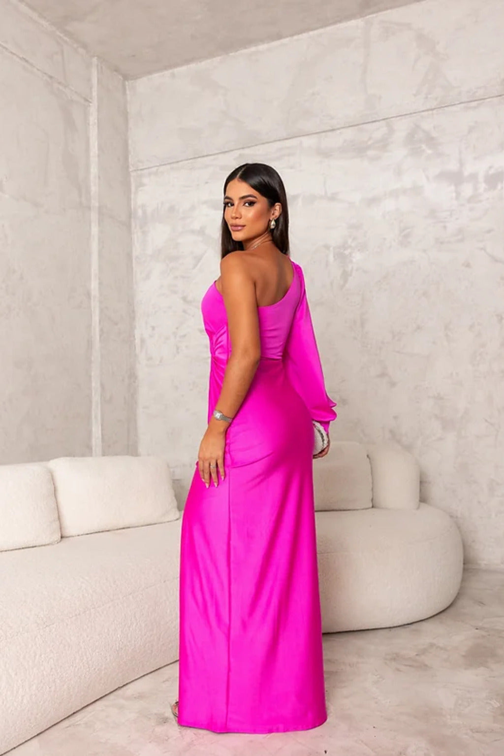 Elegante Vestido Maxi de Satén para Mujeres con Un Hombro, Manga Larga, Frontal Torcido y Alta Abertura Estilo Cóctel