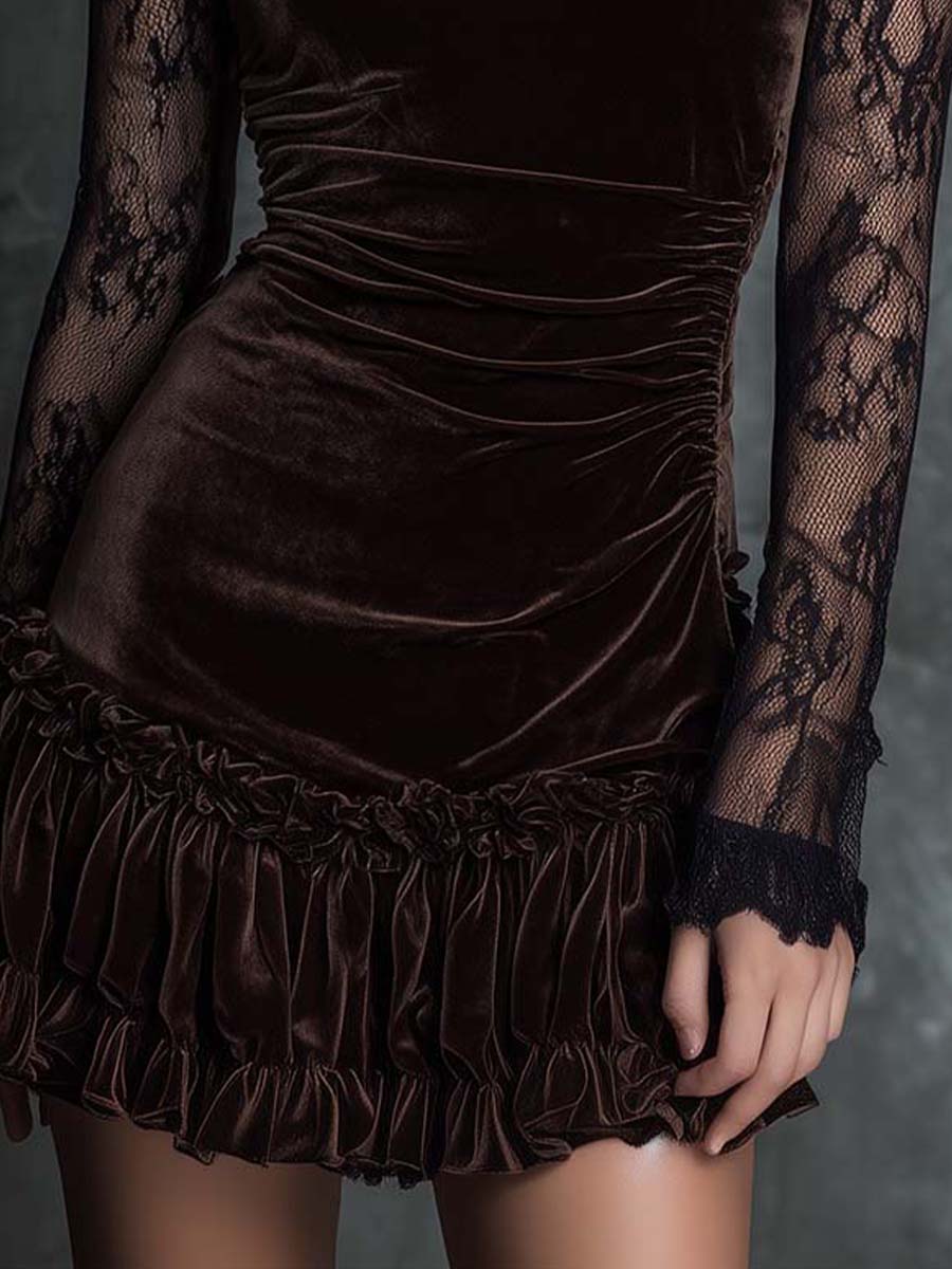 Elegante Mini Vestido de Terciopelo Chocolate para Mujeres con Cuello Alto de Encaje y Manga Larga Fruncida de Estilo Cóctel