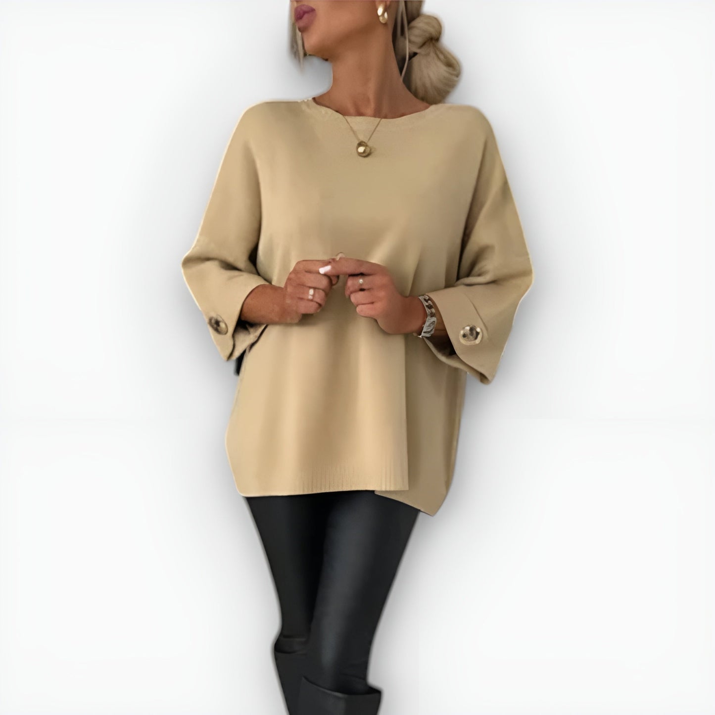 Suéter de Punto Cómodo para Mujeres con Cuello Redondo, Manga de Codo, Puño con Botón, Estilo Oversized