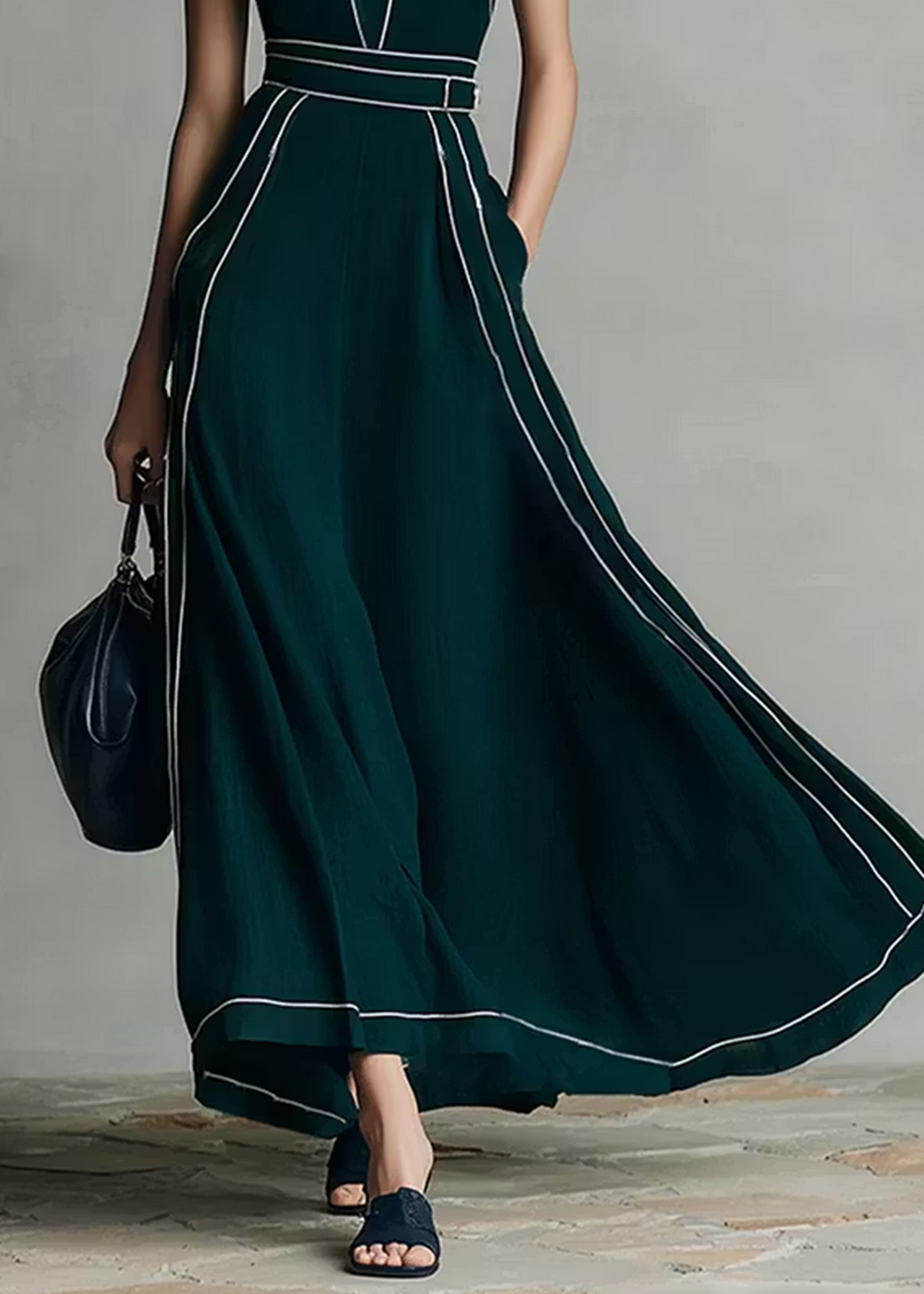 Elegante Vestido Maxi Verde Oscuro para Mujeres con Cuello Halter Sin Mangas y Detalles de Contraste
