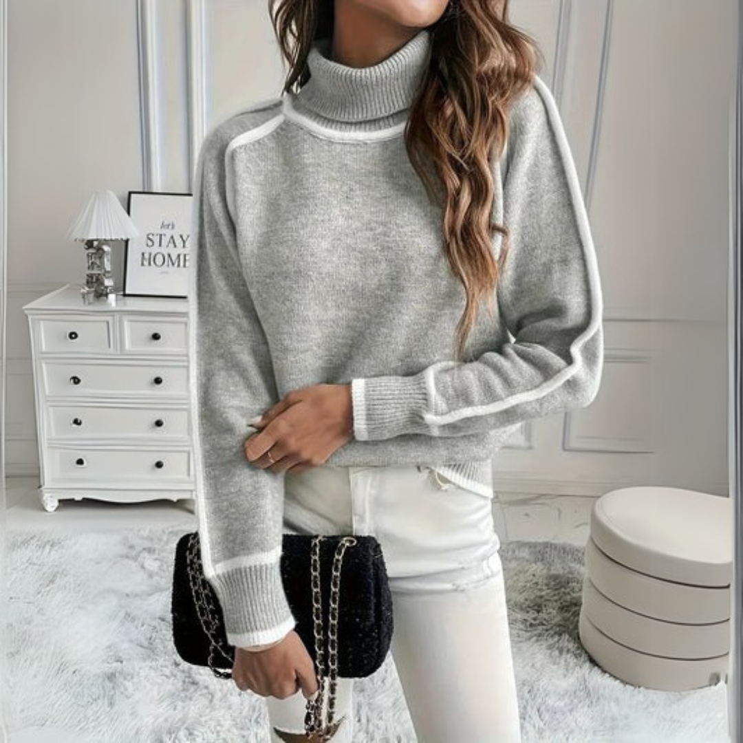 Suéter de Cuello Alto Gris Cómodo para Mujeres con Manga Larga y Detalles en Contraste Estilo Relajado y Oversized