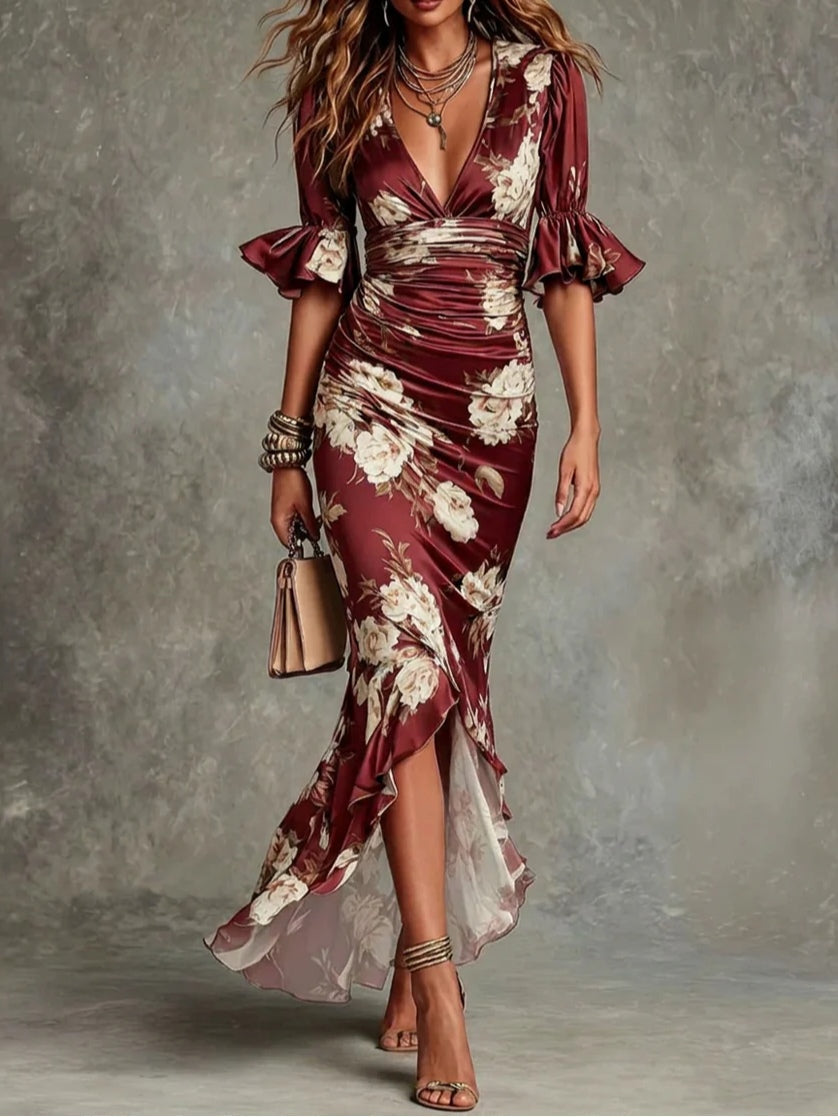 Elegante Vestido Maxi de Satén Floral para Mujeres con Escote en V y Mangas Acampanadas con Estilo Arrugado Alto-Bajo