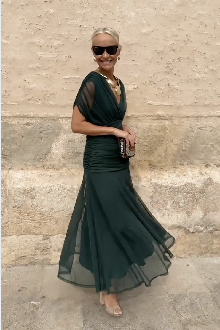 Vestido Maxi Verde Elegante para Mujeres con Escote en V Cruzado, Manga Corta, Fruncido y Fluido, Estilo Formal para Invitadas de Boda