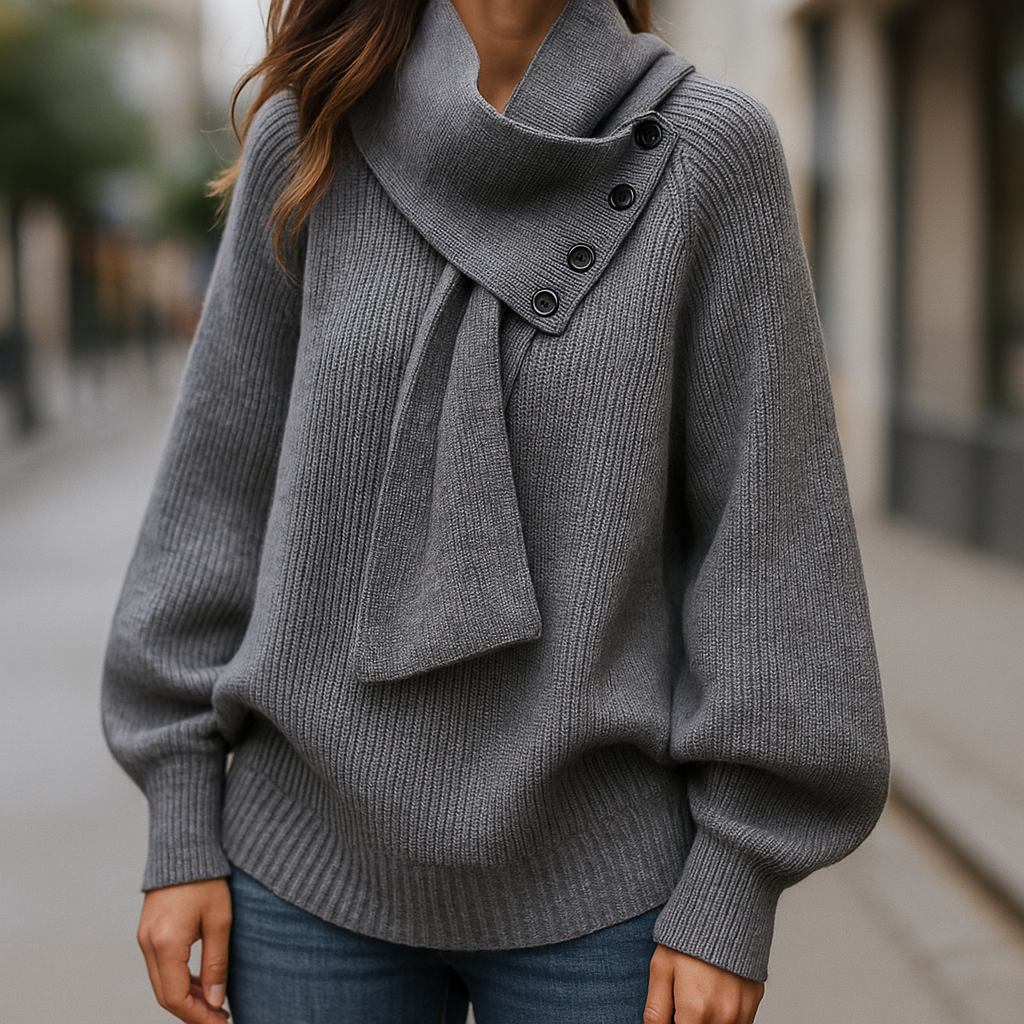 Suéter de Punto Cómodo para Mujeres con Cuello Asimétrico, Manga Murciélago, Detalle de Botón y Estilo Relajado