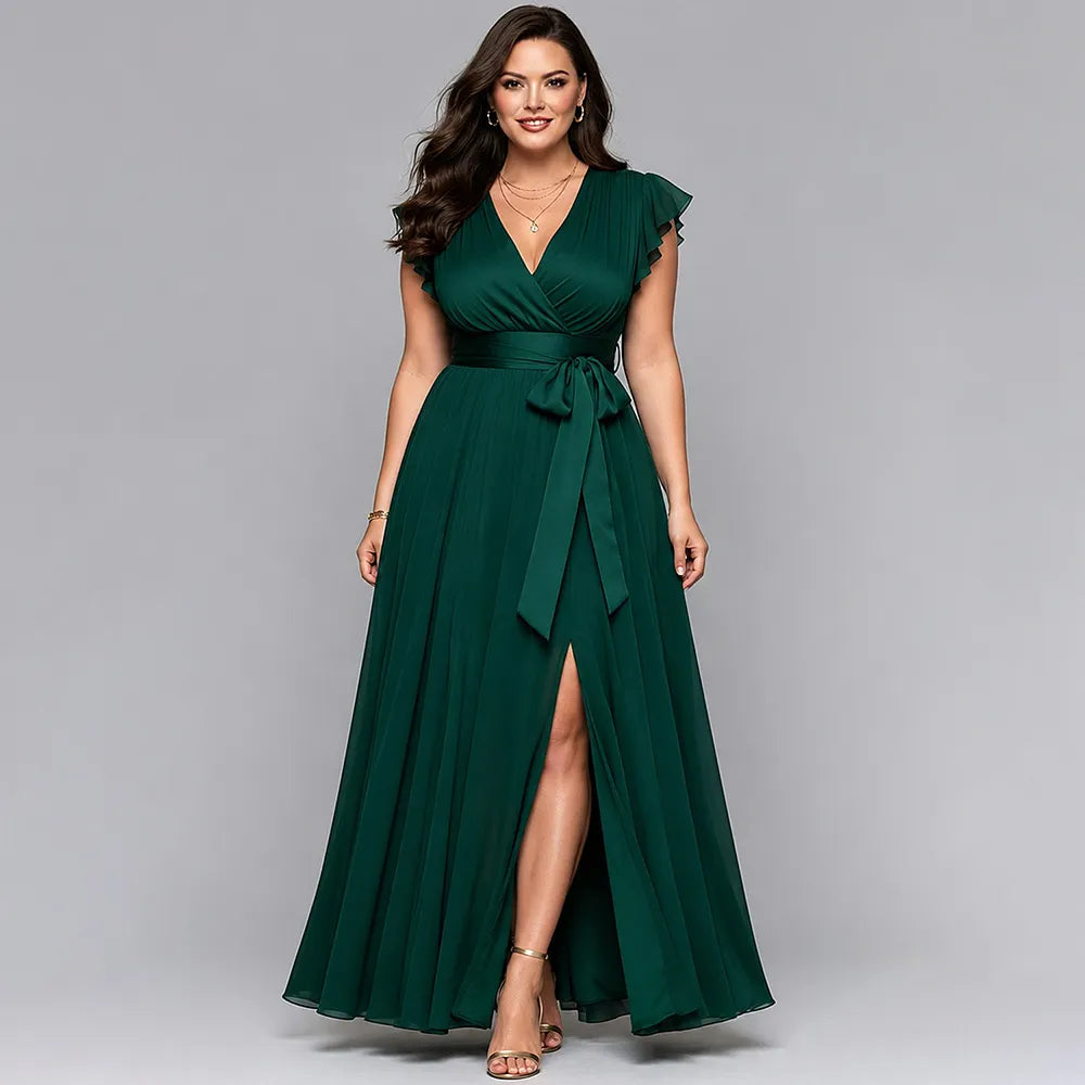 Elegante Vestido Maxi de Chiffon Verde Oscuro para Mujeres con Escote en V, Mangas de Volante y Cintura Ajustada, Estilo Formal para Invitadas de Boda