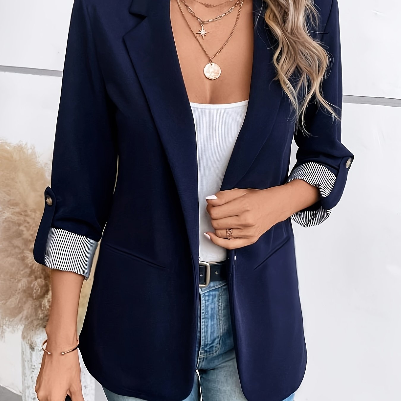 Blazer Sin Esfuerzo para Mujeres con Cuello de Solapa, Manga Larga, Puño Rayado, Estilo Casual