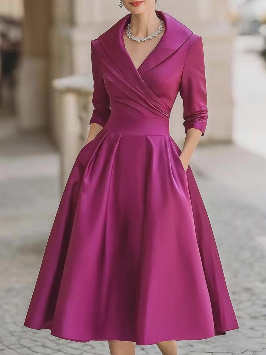 Elegante Vestido Midi de Satén para Mujeres con Cuello Chal, Manga de Codo y Falda Plisada en Estilo Coctel