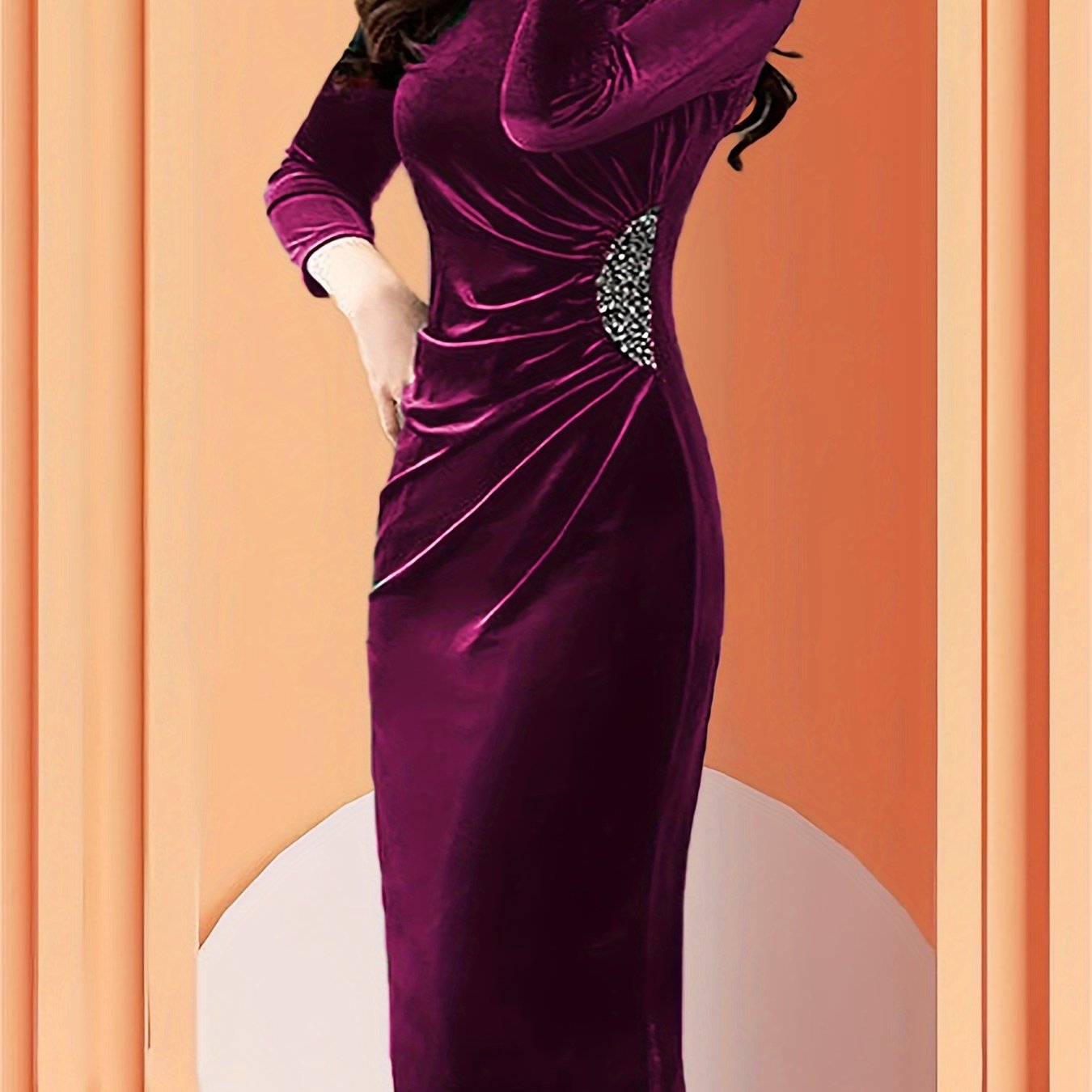 Vestido Midi de Terciopelo Elegante para Mujeres con Cuello Redondo, Manga de Codo, Cuerpo Ajustado con Detalles Fruncidos y Apliques de Perlas para Cócteles