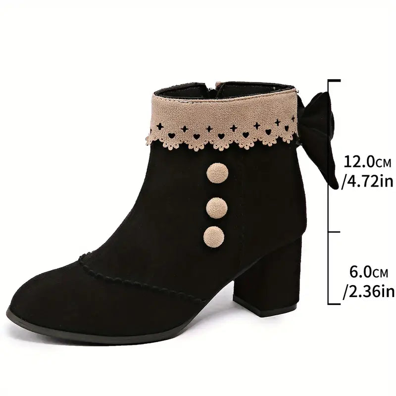 Botas Negras Cómodas para Mujeres con Detalle de Lazo y Adorno de Perlas, Estilo de Tobillo con Tacón Bloque