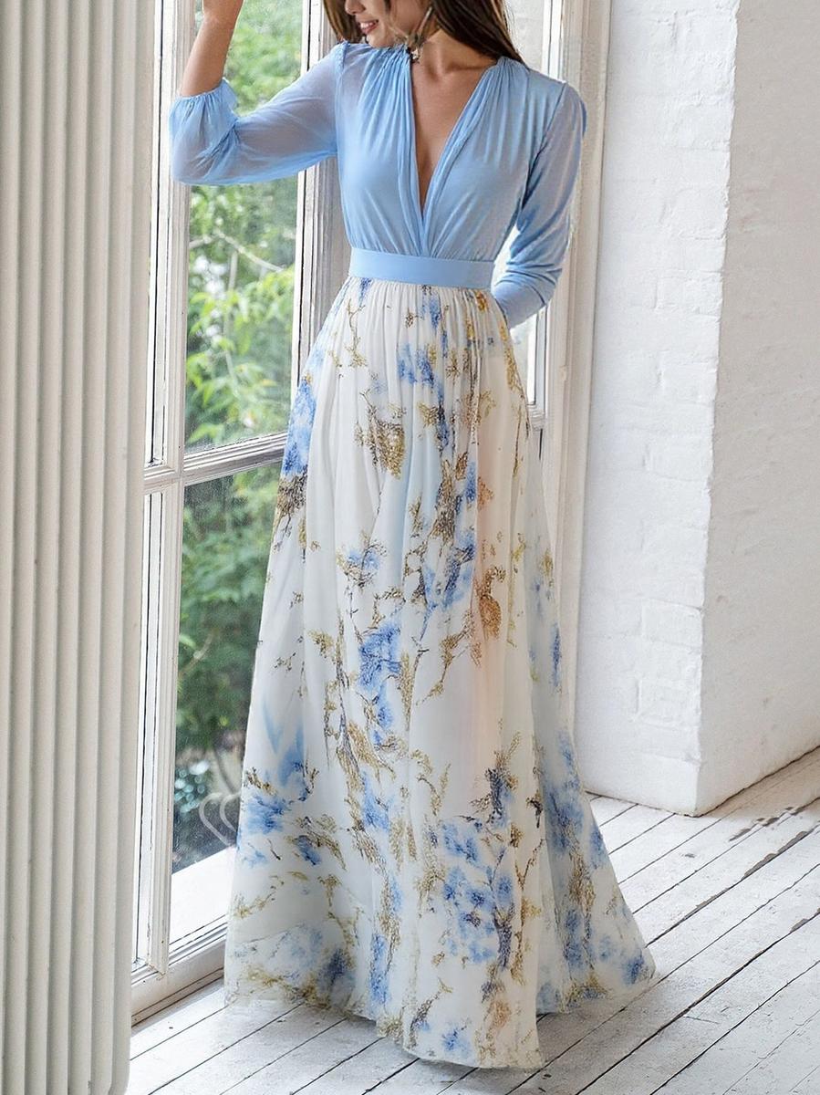 Elegante Vestido Maxi Floral Azul para Mujeres con Escote en V y Mangas Obispo, Estilo de Invitada de Boda Fluyente