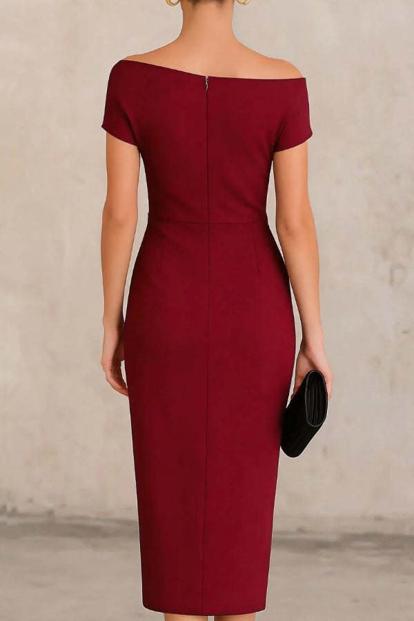 Vestido Midi Elegante Drapado para Mujeres con Escote Asimétrico, Manga Corta y Estilo de Cóctel con Fruncido