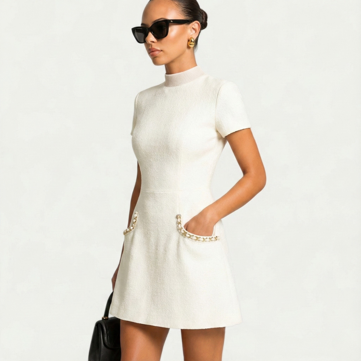 Vestido Mini de Tweed Elegante para Mujeres con Cuello Embellecido con Perlas y Mangas Cortas Estilo Bodycon para Cócteles
