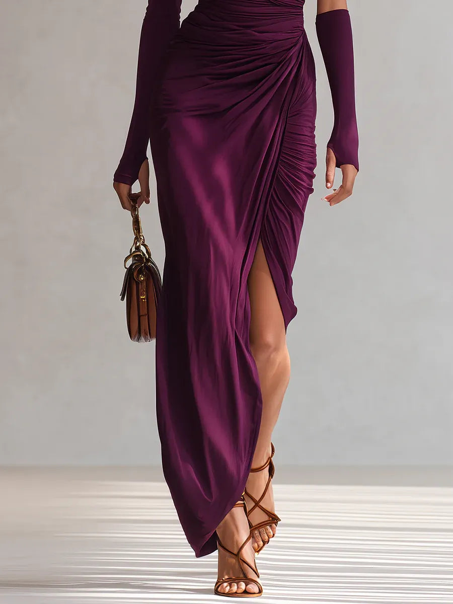 Elegante Vestido Maxi de Satén Púrpura para Mujeres con Un Hombro, Manga Larga, Estilo Fruncido y Alto Desgaste