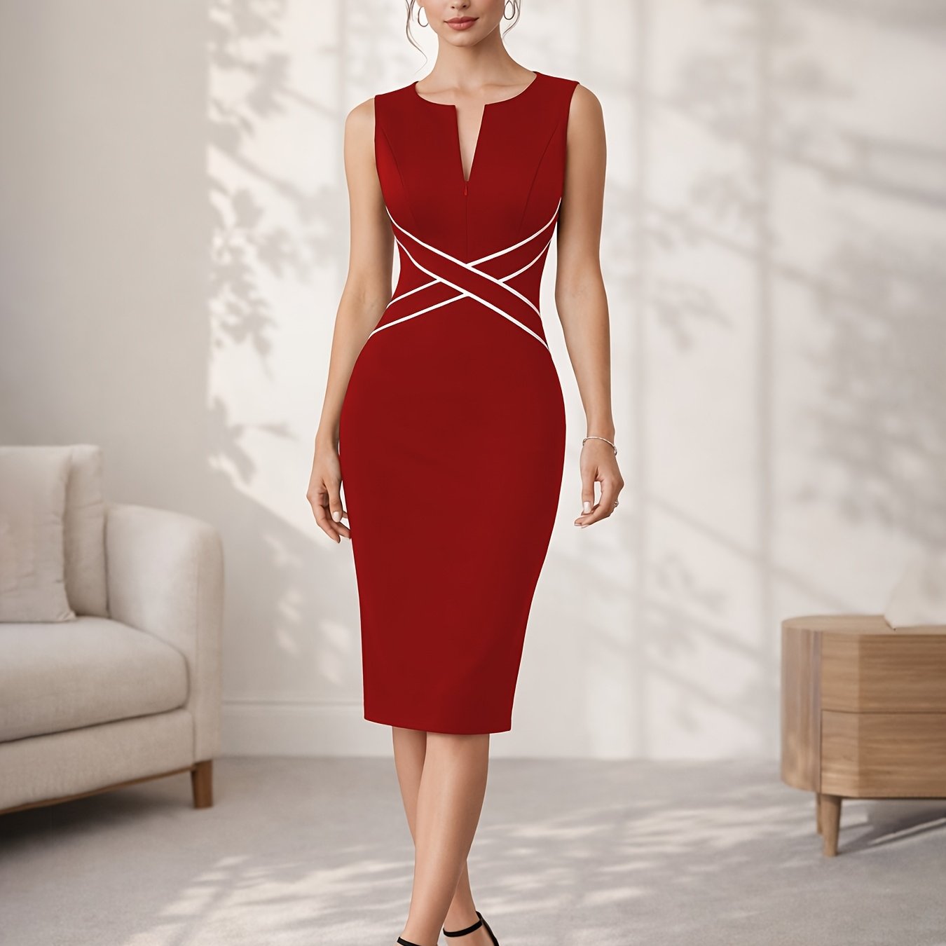 Vestido Midi Ajustado Elegante para Mujeres con Escote en V, Sin Mangas y Cintura Cruzada Estilo Cóctel