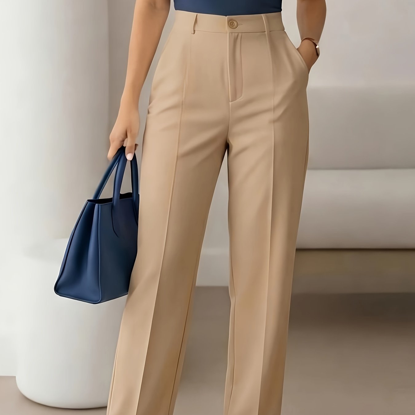 Pantalones Elegantes de Pierna Ancha para Mujeres con Cintura Alta y Pliegues, Estilo Oficina
