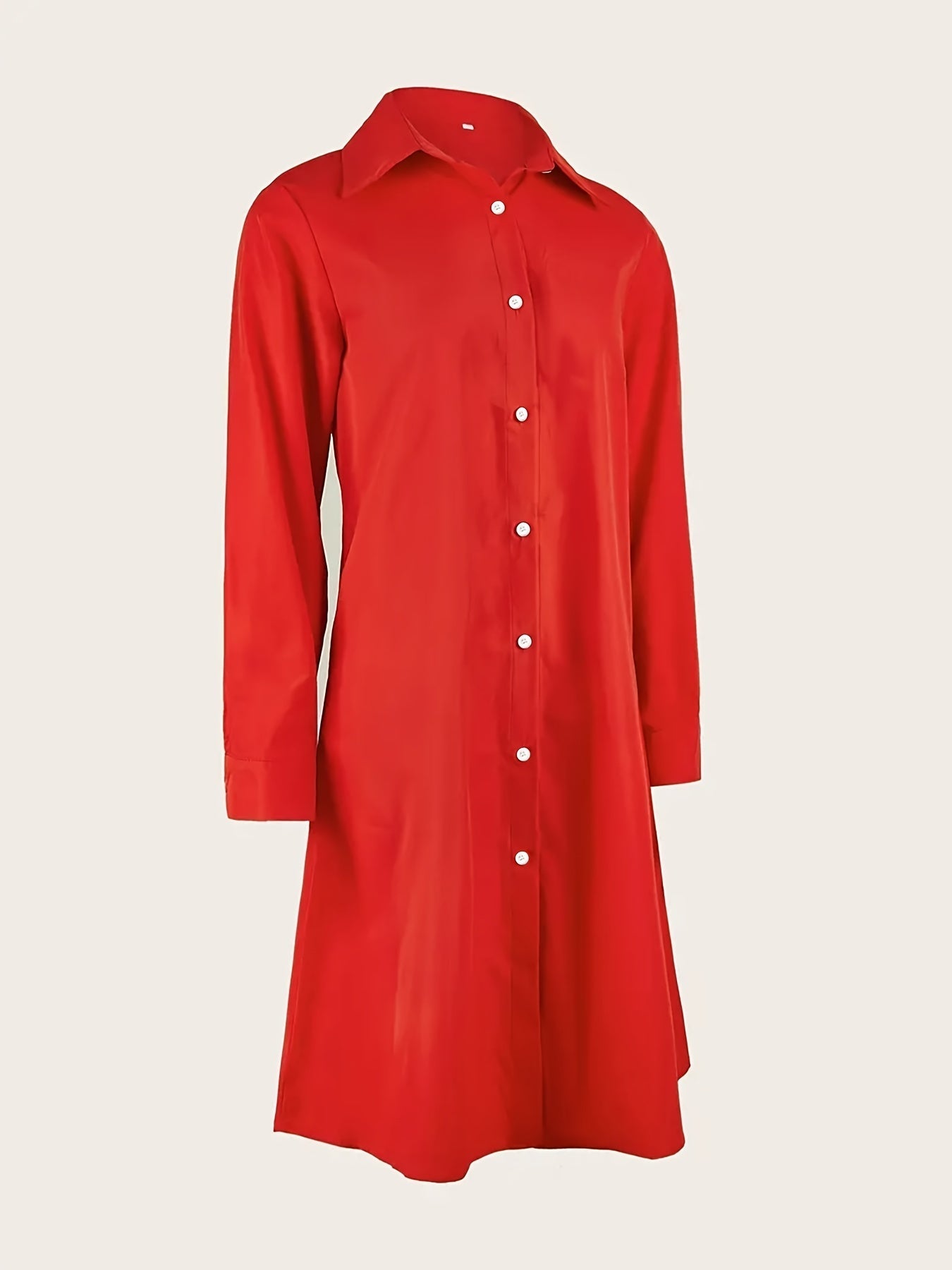 Elegante Vestido Camisa Rojo para Mujeres con Cuello, Manga Larga, Botones Frontales, Estilo A Linea Fluyente