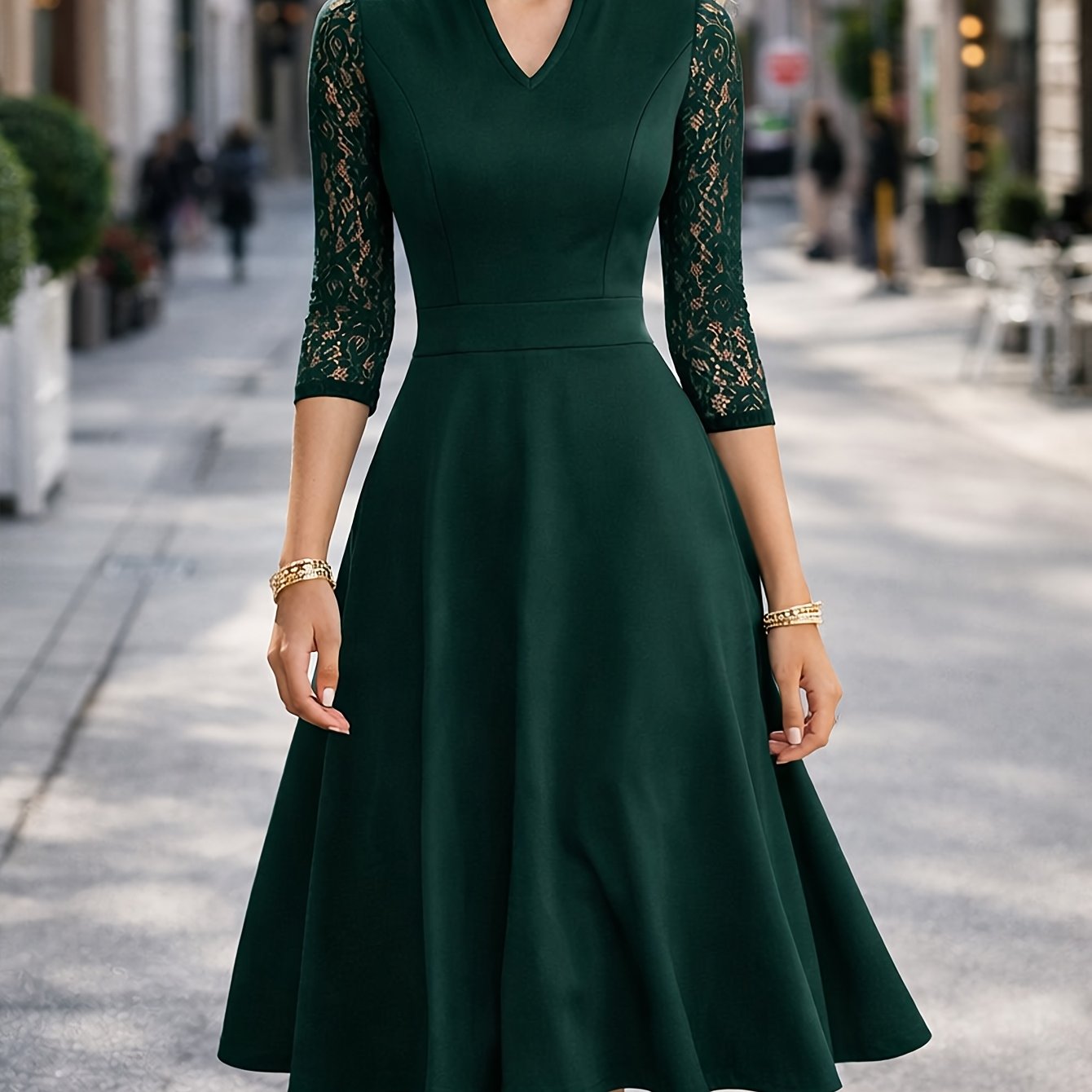 Vestido Midi Elegante con Encaje para Mujeres con Cuello en V Notch y Mangas Tres Cuartos, Estilo Fit and Flare para Cócteles
