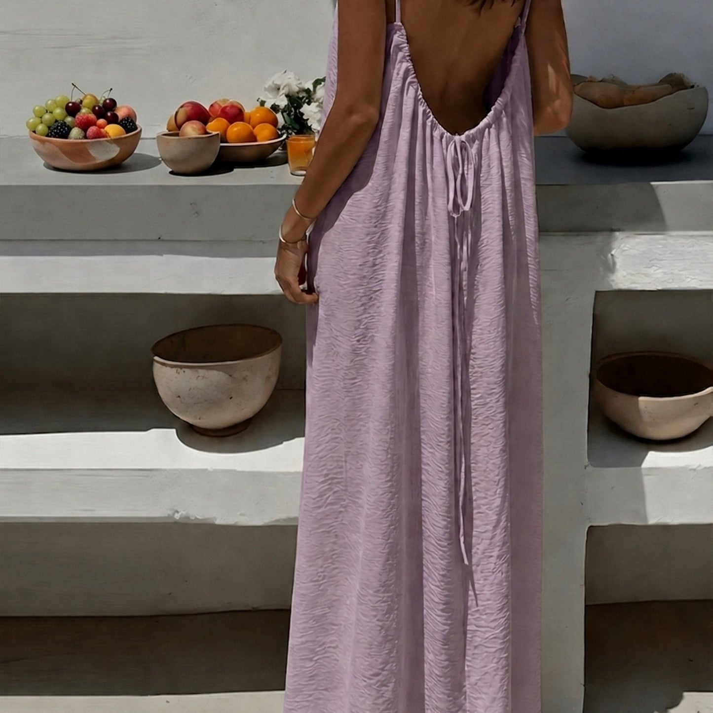 Vestido Maxi Texturizado Sin Espalda para Mujeres con Tirantes de Espagueti y Cuerda, Estilo Bohemio Fluyente