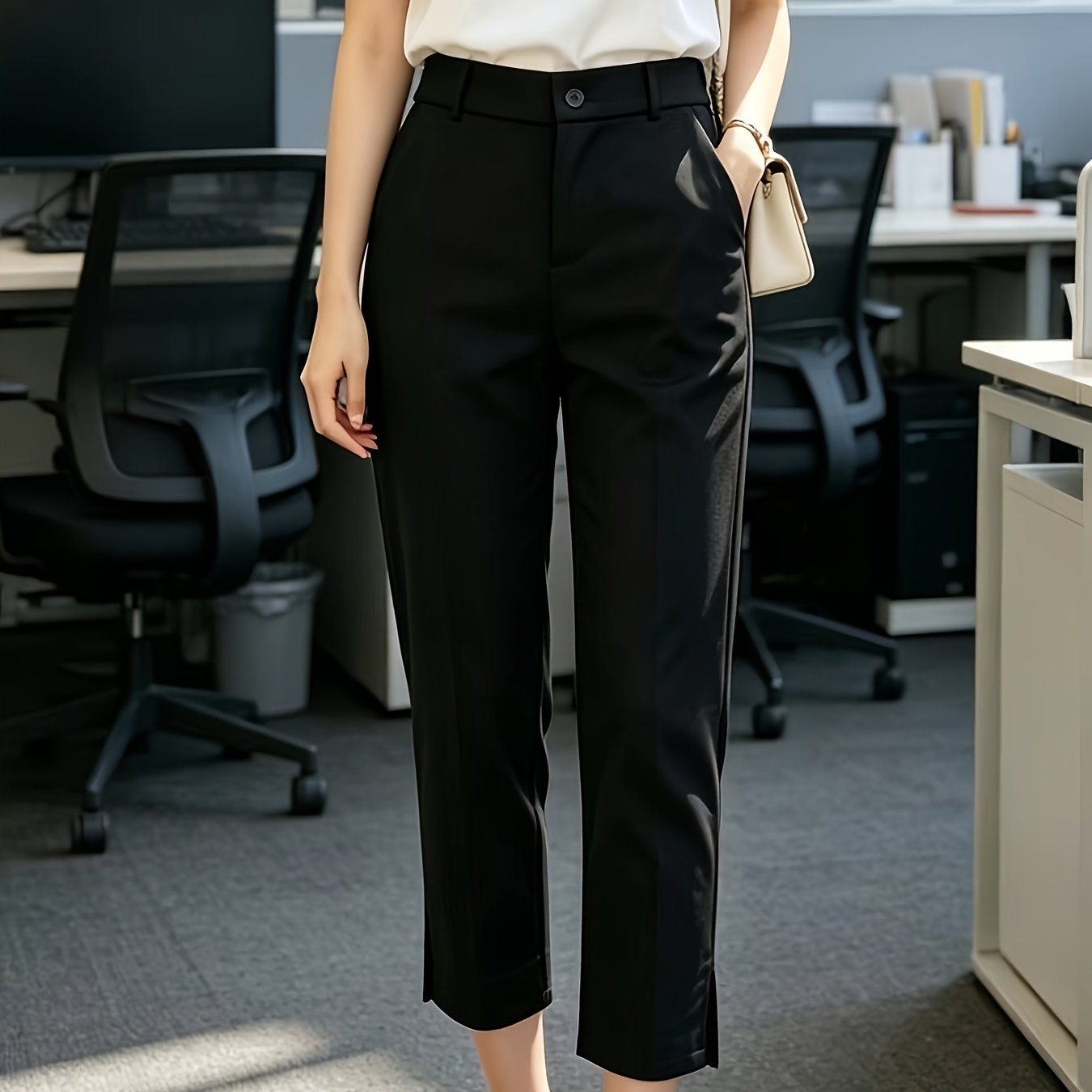 Pantalones Elegantes a Medida para Mujeres con Cintura Alta, Botón Frontal y Abertura Lateral en el Tobillo