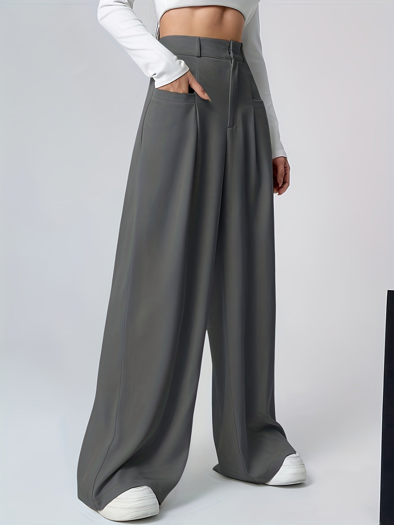 Pantalones Anchos Elegantes de Caqui para Mujeres con Cintura Alta y Pliegues, Estilo Relajado