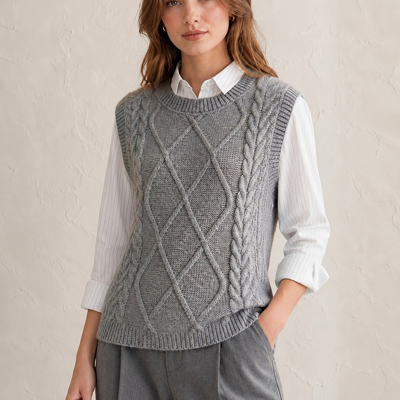 Chaleco de Punto de Cable Cómodo para Mujeres con Cuello Redondo Sin Mangas Estilo Preppy Relajado