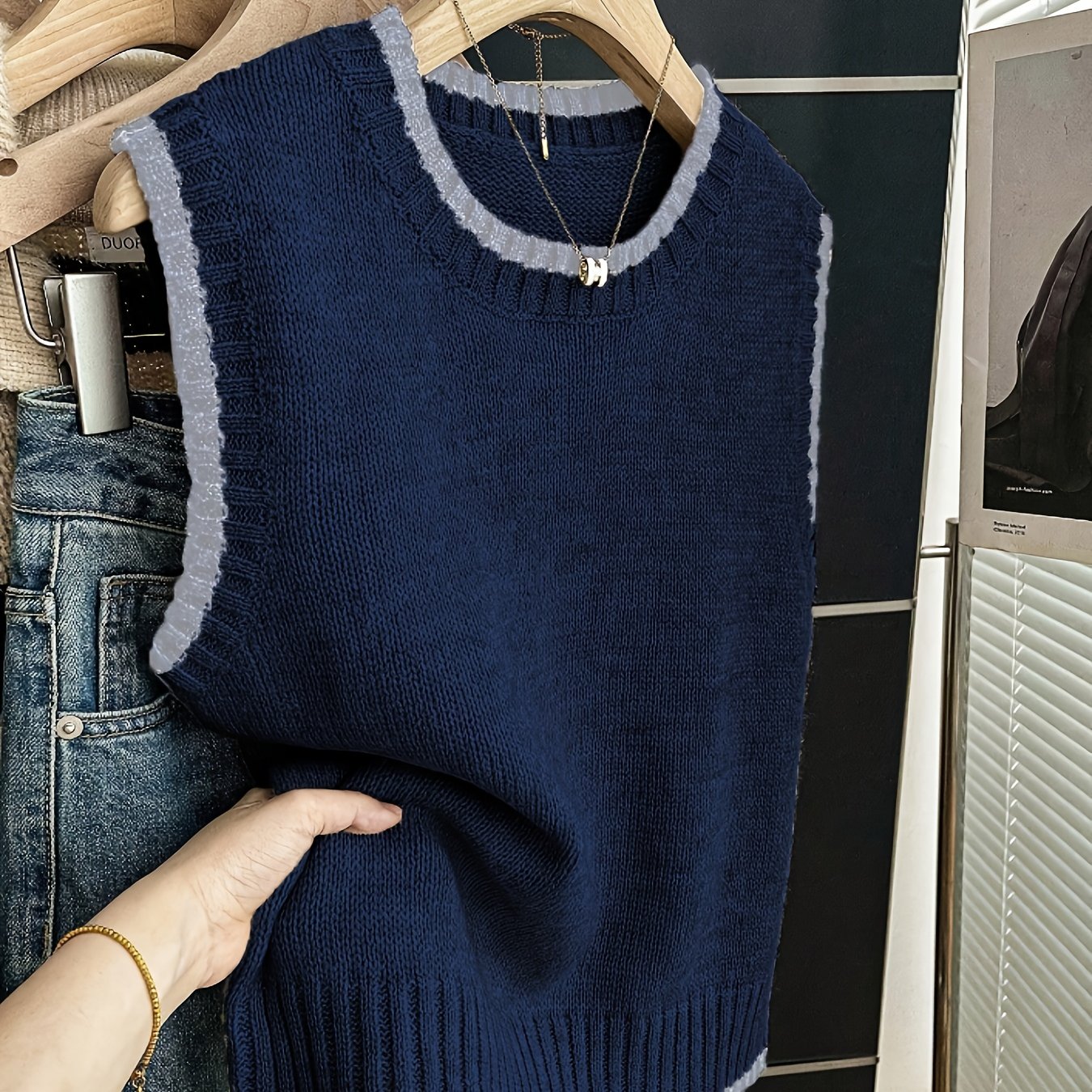 Chaleco de Suéter de Contraste Cómodo para Mujeres con Cuello Redondo, Sin Mangas, dobladillo Acanalado, Estilo Oversized
