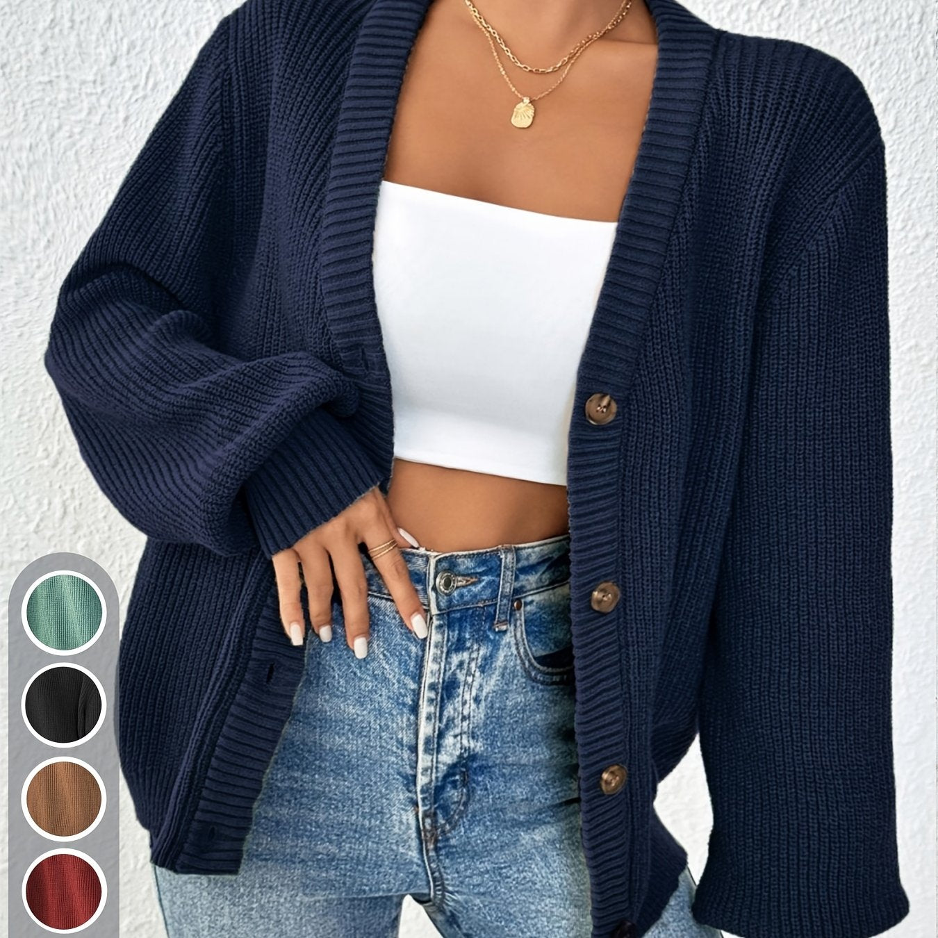 Cárdigan de Punto Acanalado Cómodo para Mujeres con Cuello en V, Mangas Globo, Botones en la Parte Frontal y Estilo Oversized