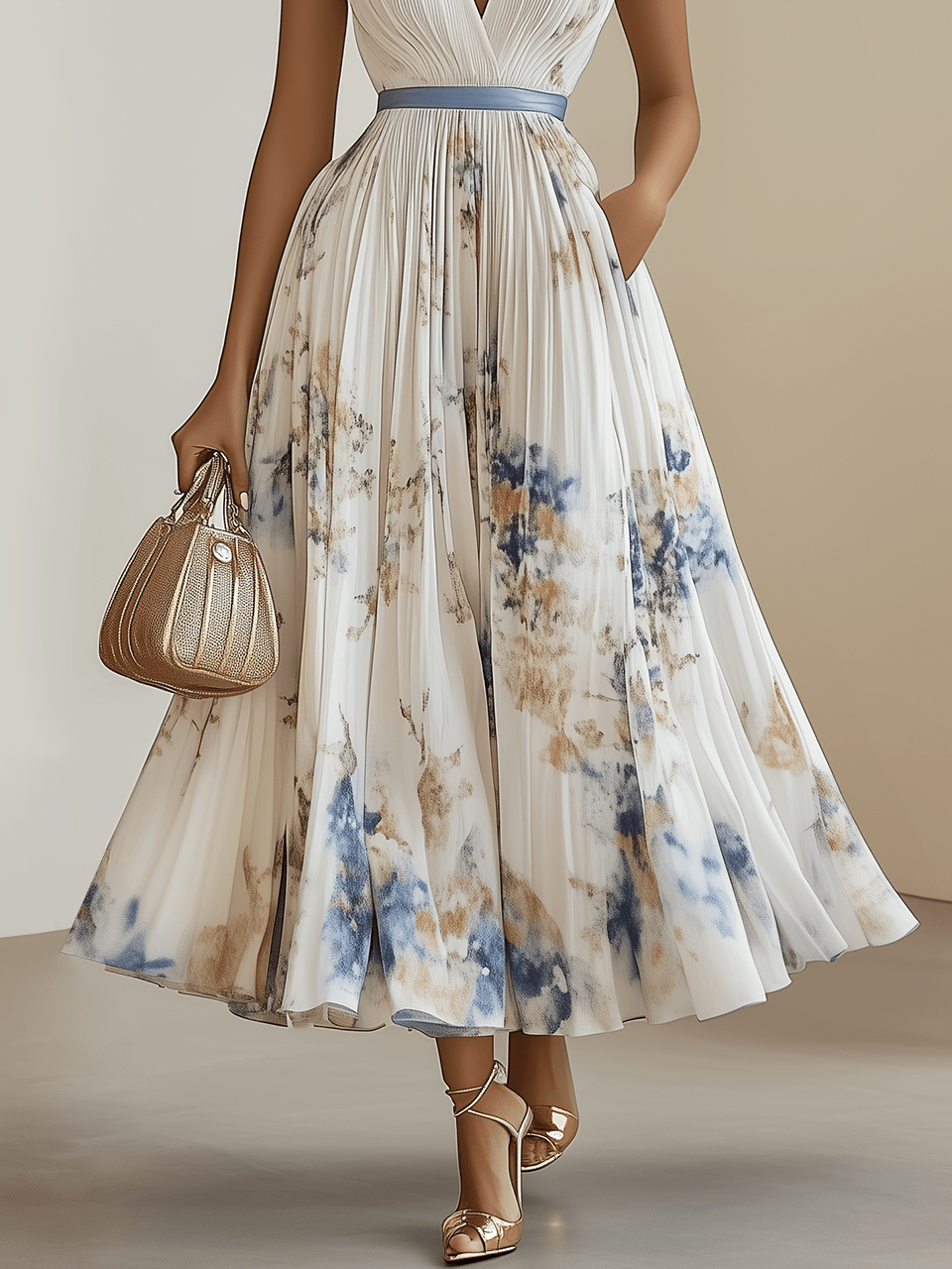 Elegante vestido midi blanco con tie dye para mujeres con escote en V, sin mangas, estilo invitada de boda