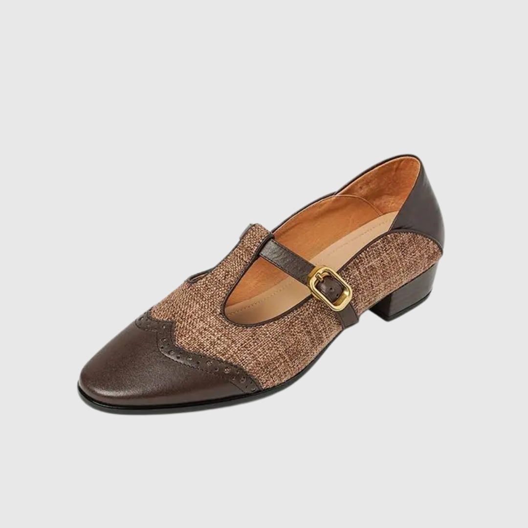 Elegante plano Mary Jane de tweed para mujeres con hebilla T Strap estilo brogue