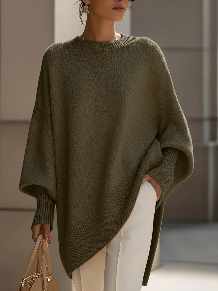 Suéter Poncho de Punto Cómodo para Mujeres con Cuello Redondo y Mangas Murciélago Oversized de Estilo Asimétrico