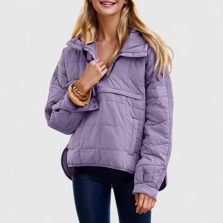 Chaqueta acolchada cómoda para mujeres con capucha, cierre de botones en la parte delantera, manga larga y dobladillo asimétrico de estilo casual