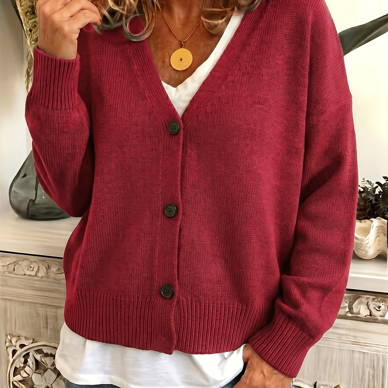 Suéter Cardigan Cómodo para Mujeres con Cuello en V, Manga Larga, Botones en la Parte Delantera, Estilo Relajado y Oversized