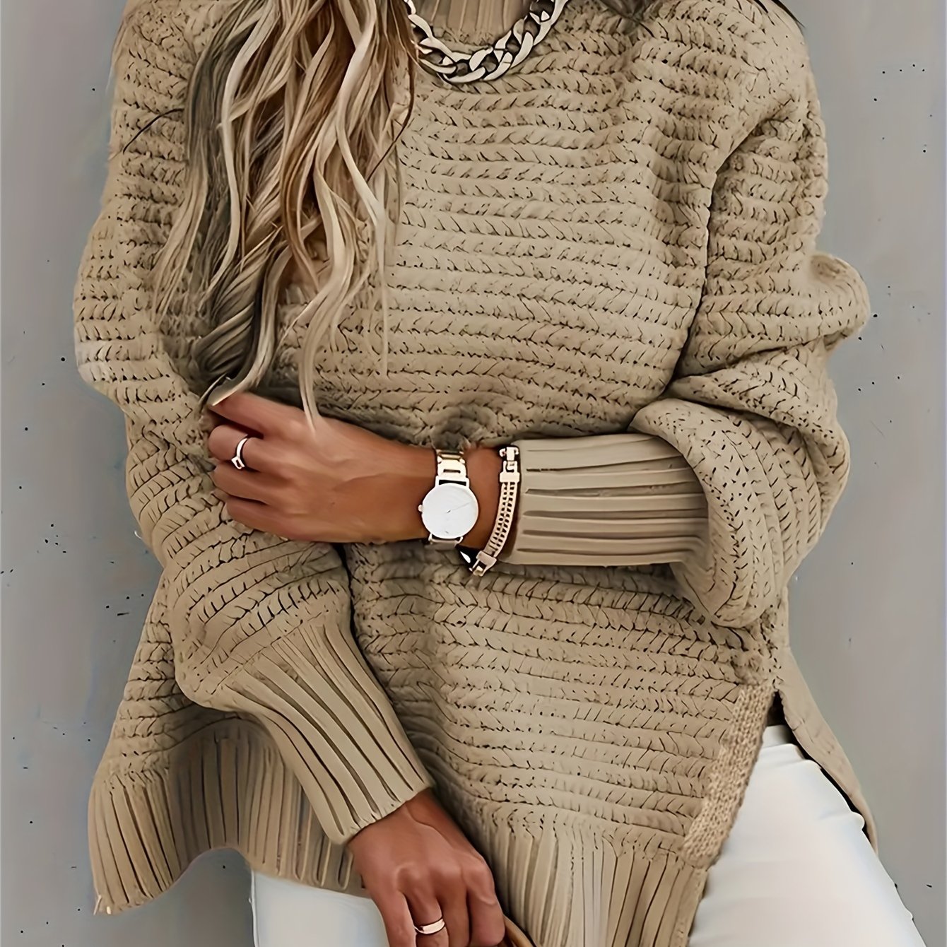Suéter de Punto Texturizado Cómodo para Mujeres con Cuello Alto y Manga Larga en Estilo Relajado y Oversized