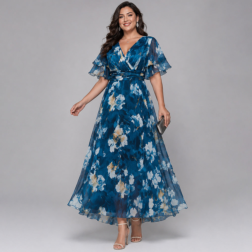 Elegante Vestido Maxi Floral Azul para Mujeres con Escote en V y Mangas Volantes, Estilo para Invitadas de Boda