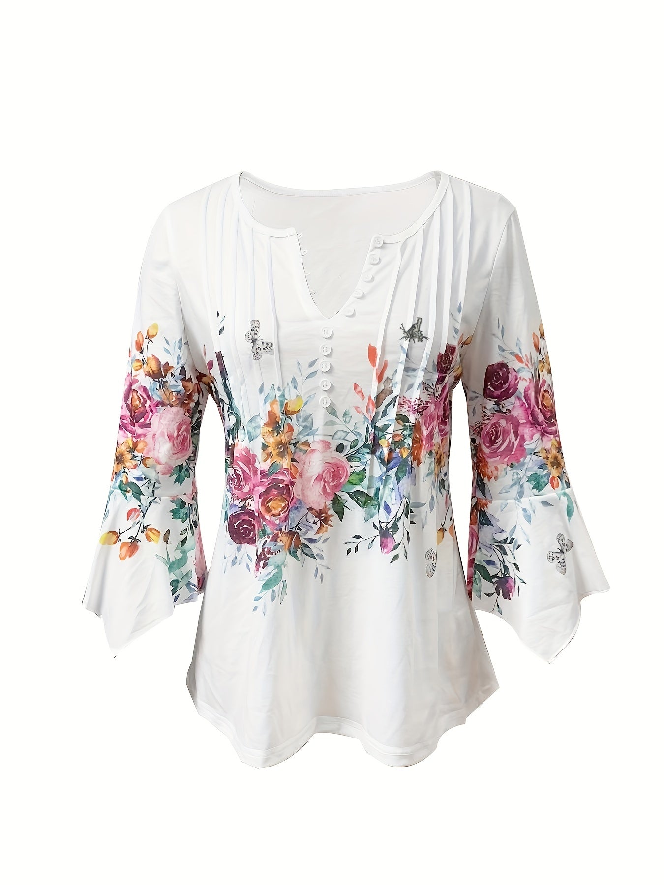 Blusa Floral Blanca Elegante para Mujeres con Cuello en V, Mangas de Campana y Estilo Fluido