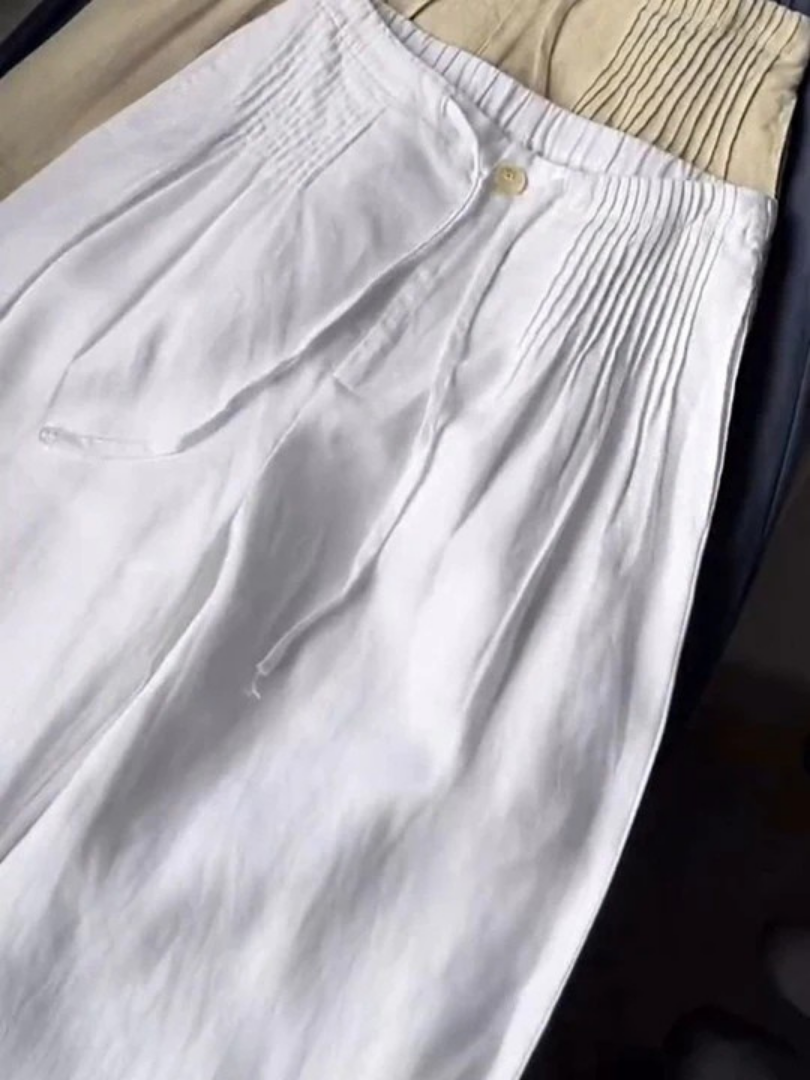Pantalones de Lino Anchos para Mujeres con Cintura Alta, Cinturilla Ajustable y Estilo Casual Relajado