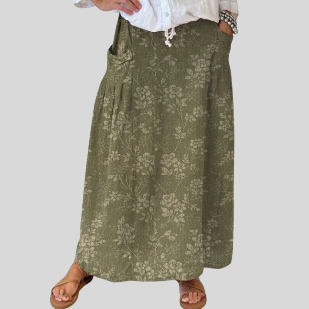 Falda Maxi Floral Sin Esfuerzo para Mujeres con Cintura Elástica y Detalle de Bolsillos Estilo A Línea