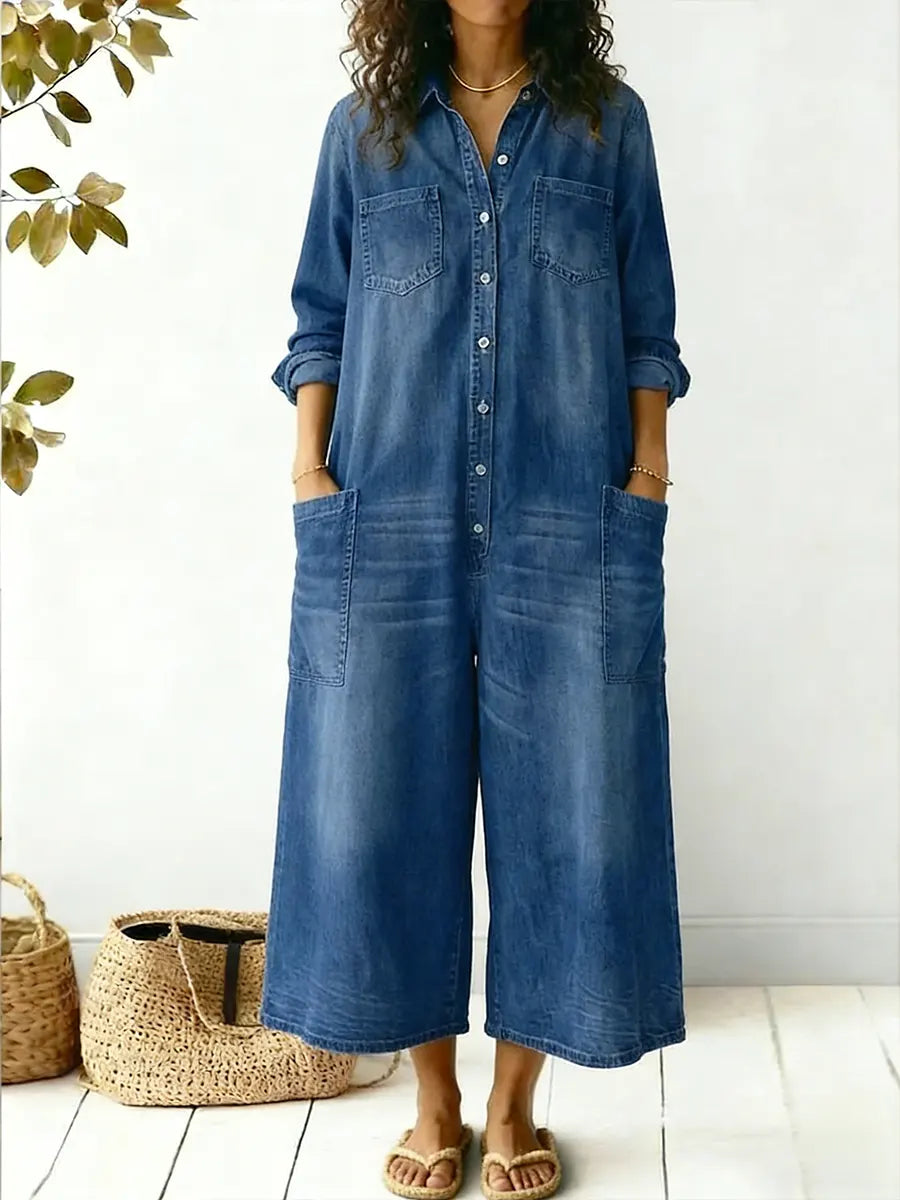 Mono de Denim Sin Esfuerzo para Mujeres con Cuello, Manga Larga, Botones en la Parte Frontal y Pierna Ancha