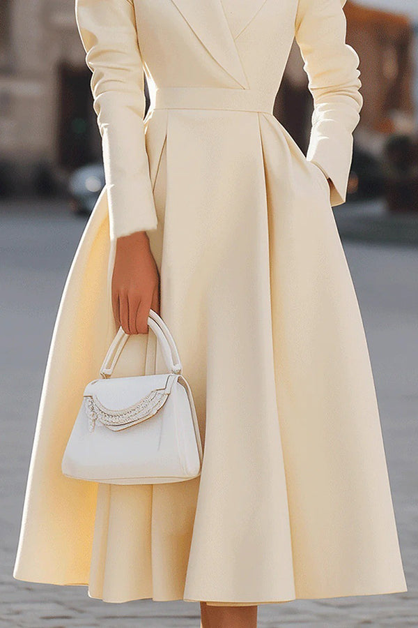 Vestido Midi Elegante de Corte Entallado y Acampanado para Mujeres con Cuello de Solapa, Manga Larga, Pliegues y Bolsillos, Estilo Coctel