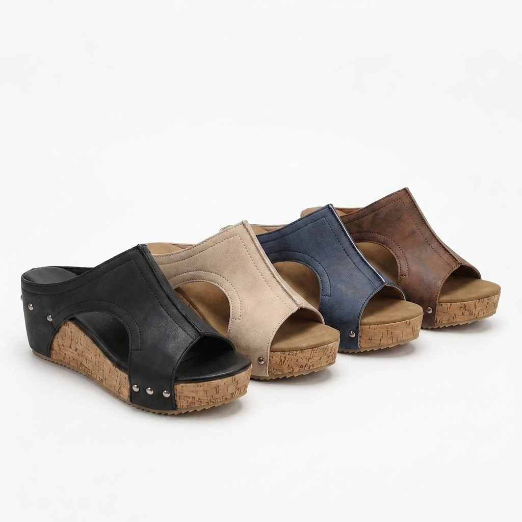Sandalias Wedge Cómodas para Mujeres con T Strap de Tachuelas y Plataforma de Corcho con Punta Abierta