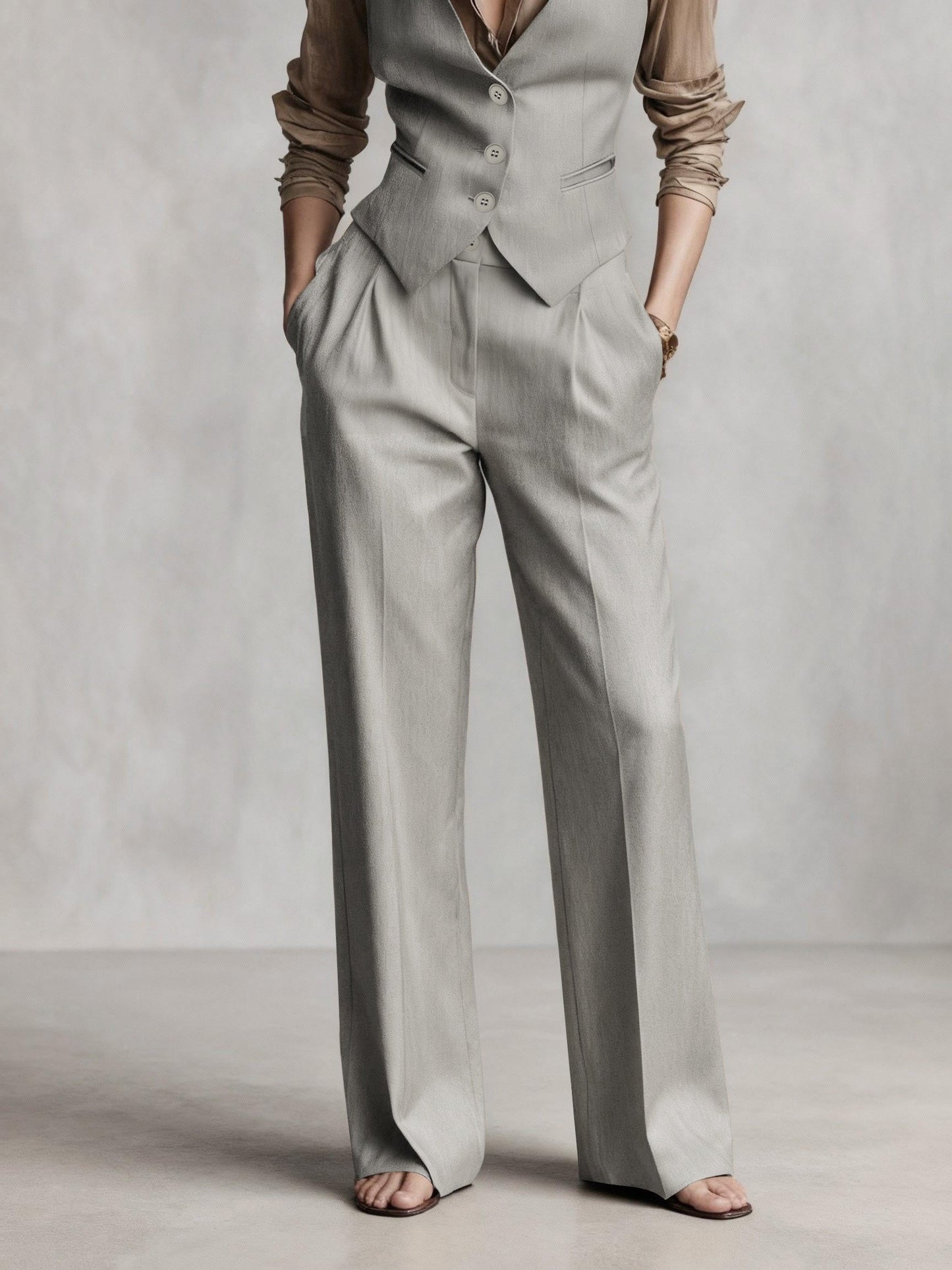 Conjunto de Dos Piezas Elegante en Color Marrón Café para Mujeres con Chaleco de Botones y Pantalón de Pierna Ancha Estilo Formal