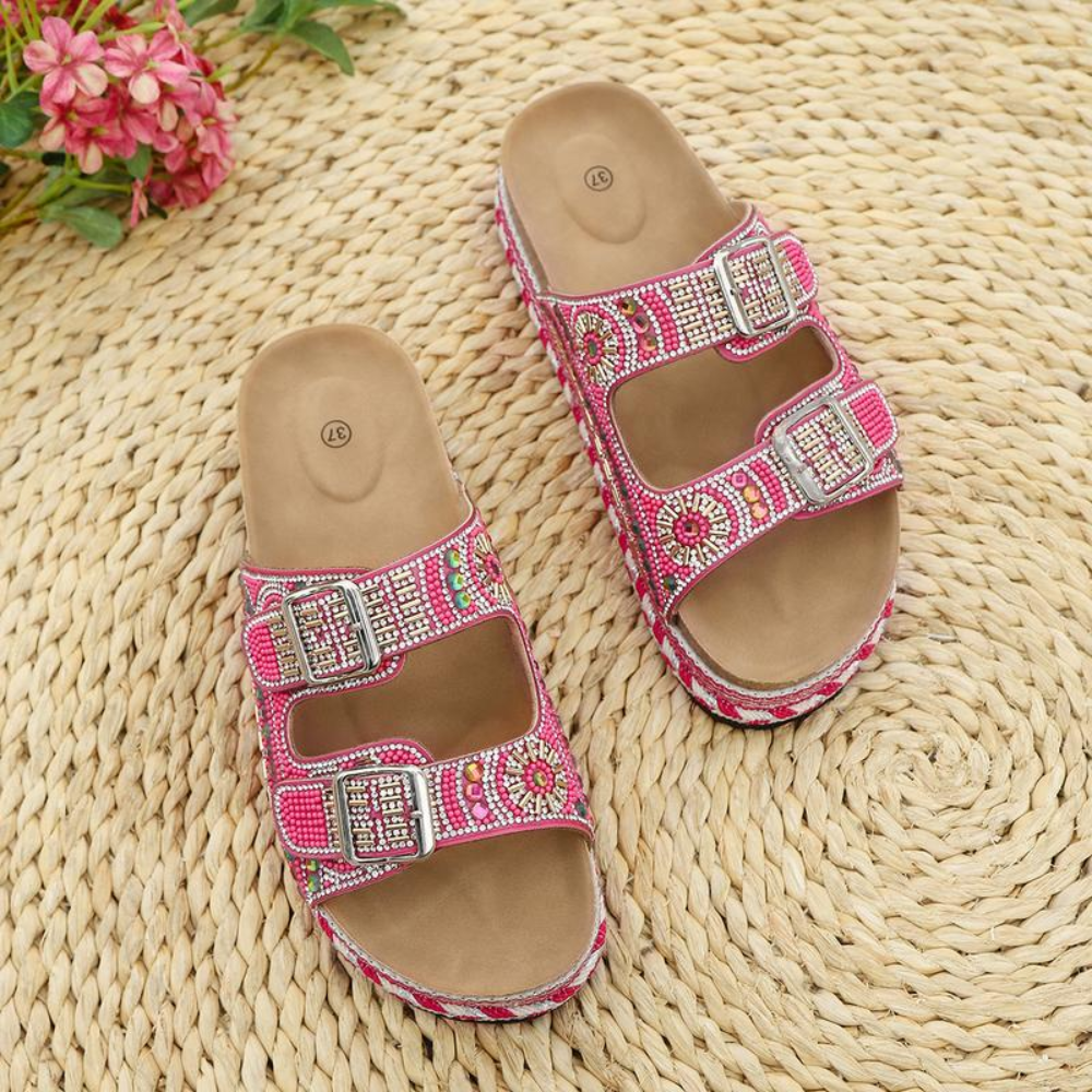 Sandalias de Deslizamiento Cómodas para Mujeres con Estilo de Plataforma Abierta y Correa Doble con Hebilla Impresa